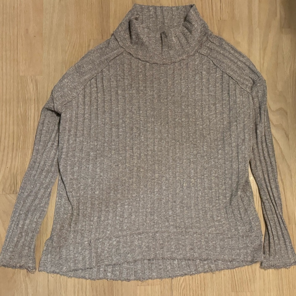 Free People Beige Brown Ribbed Knit Thermal Pullover Oversized Top XS